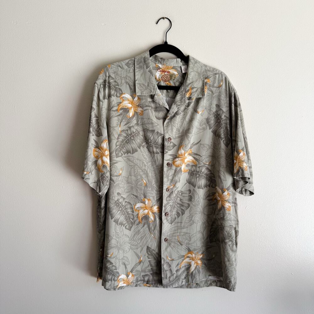 Caribbean Grey Orange Silk Short Sleeve Button Up Hawaiian Shirt Large